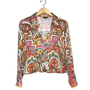 Haute Hippie V-neck crossover front cropped paisley retro‎ print top Large